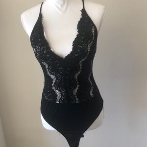 One Thing size M sexy black lace body suit thong spaghetti strap onesie zipper